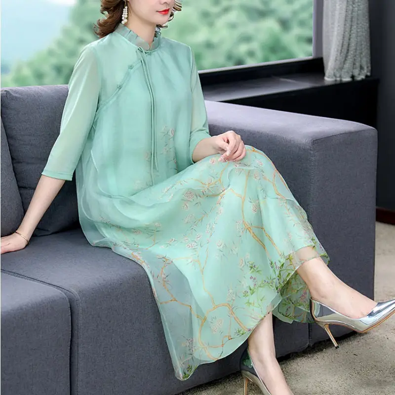 

2023 Premium Cheongsam Mom Summer Chinese Style Large Size Women's Loose Retro Print Modified Qipao Dress Elegant Clothes Z2238