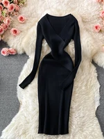 YuooMuoo Autumn Winter 2025 Women Dress Elegant Cross V-neck Slim Waist Knitted Bodycon Dress Korean Office Lady Vestidos - Image 2