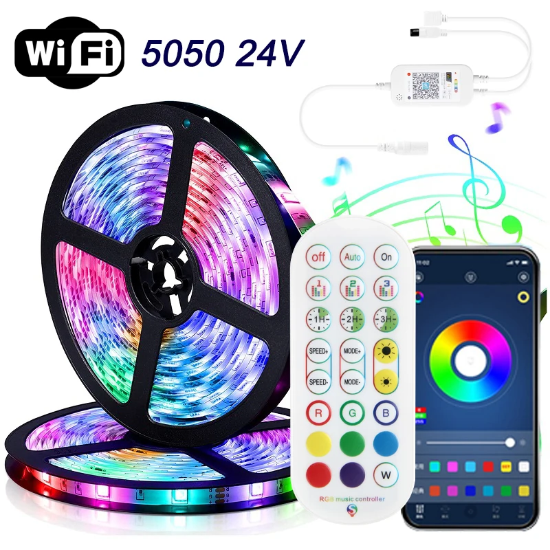 24V RGB LED Strip Light Infrared Bluetooth Wifi Control  5050 Music Sync USB Flexible Lamp For Room Decor TV Backlight Luces Led rgb led music sync bluetooth strip lights for bedroom usb lamp for screen tv backlight app control color changing luces led