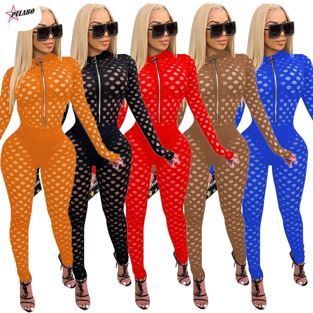 

Fashion Mesh Flocking Cross Plaid Bandage Jumpsuit Women Sexy Front Zipper Flare Long Sleeve Romper Casual Overalls