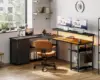 61" L Shaped Desk with Drawer, Computer Desk with Power Outlets & LED Lights, Reversible Corner Gaming Desk for Home Office 1