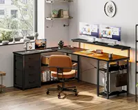 61" L Shaped Desk with Drawer, Computer Desk with Power Outlets & LED Lights, Reversible Corner Gaming Desk for Home Office 1