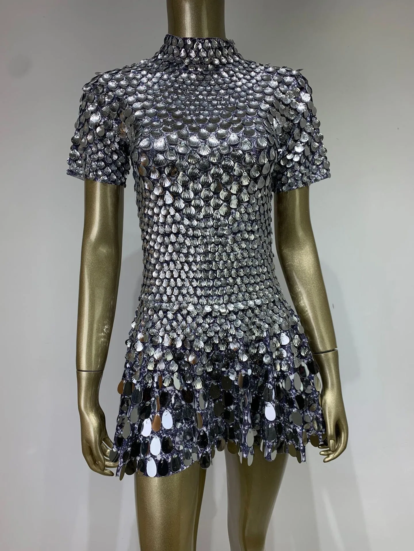 Summer Women Fashion Half High Neck Short Sleeve Shiny Mermaid Sequin Mini Dress Club Dress Nightclub Stage Performance Costume