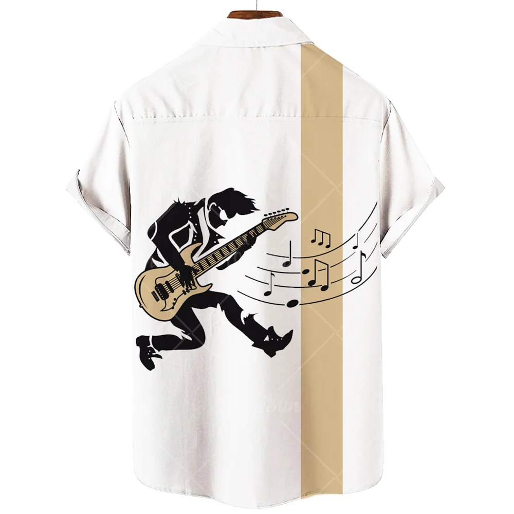 Hawaiian Men's Shirt 3D Harajuku Guitar Jazz Print Tops V-Neck Casual Blouses Fashion Tees Button Up Short Sleeve Pop Shirt Male