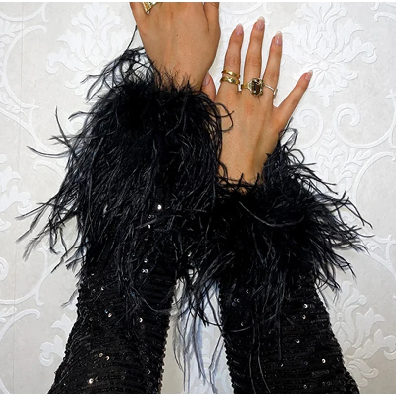 Black Ostrich Feather Cuff Fur Bracelet Wrist Cuff Hand Sleeves Wrap Bracelet Arm Warmers Women Hair Accessories Feather Luxury