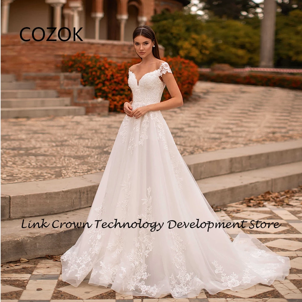 

COZOK Strapless Wedding Dresses for Women Short Sleeve Off Shoulder Bridal Gowns with Lace A Line Court Train Vestidos De Novia