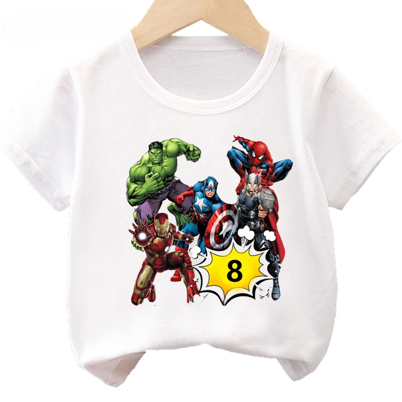 Summer 2 3 4 5 6 7 8 Birthday Marvel SuperHero Short Sleeved Child Cotton T-shirt The Avengers Party Kids Clothes Baby Tees Tops 2