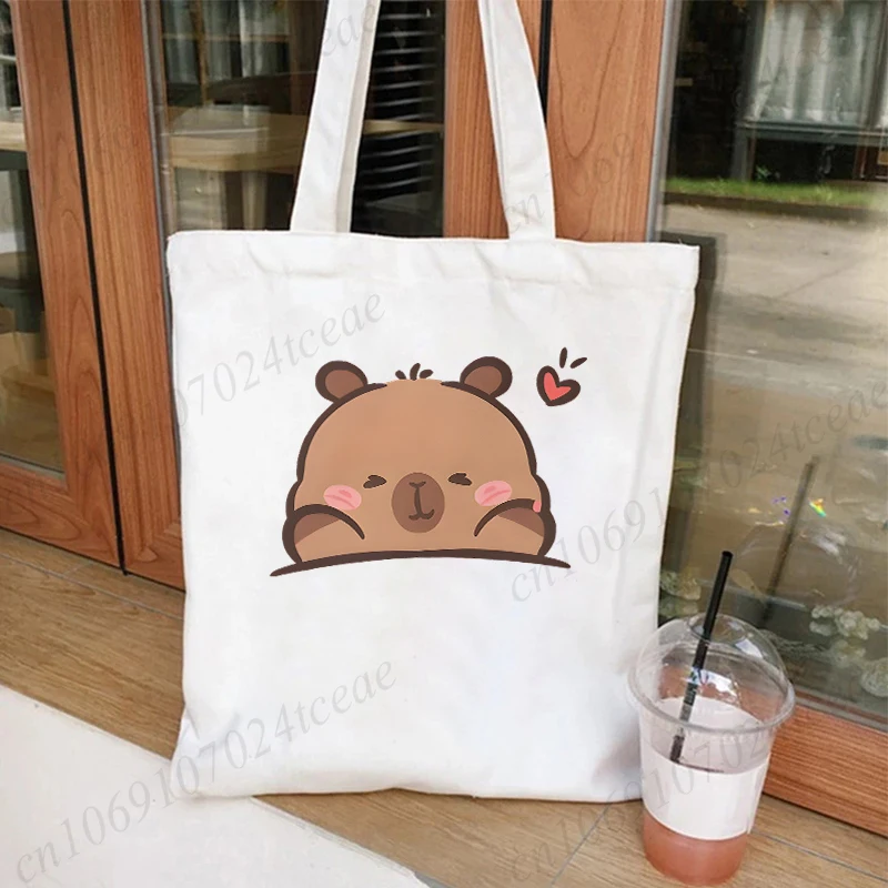 Capybara Ramen Graphics Women Handbags Harajuku Shoulder Bag Fashion Capybara Birthday Cartoon Tote Shopping Bag Kids Side
