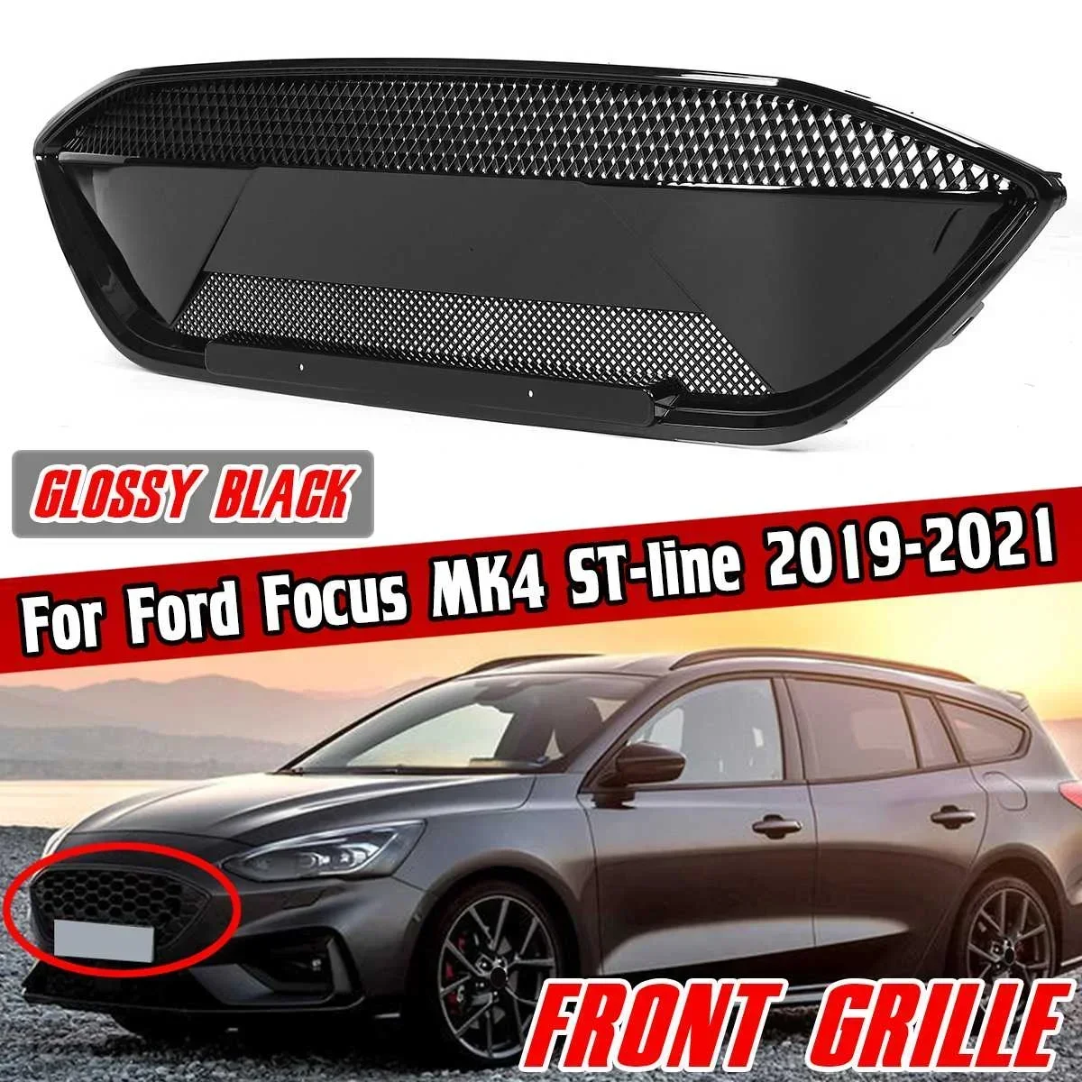 

Matte/Glossy Black Car Front Grill RS Style Front Upper Racing Grills For Ford Focus MK4 ST-line 2019 2020 2021 Car Accessories