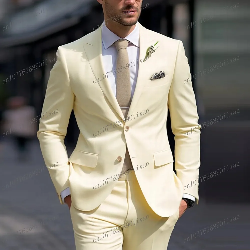 New Light Yellow Formal Occasion Men Suit Groom Groomsman Wedding Party Prom Business Male Tuxedos 2 Piece Set Blazer Pants