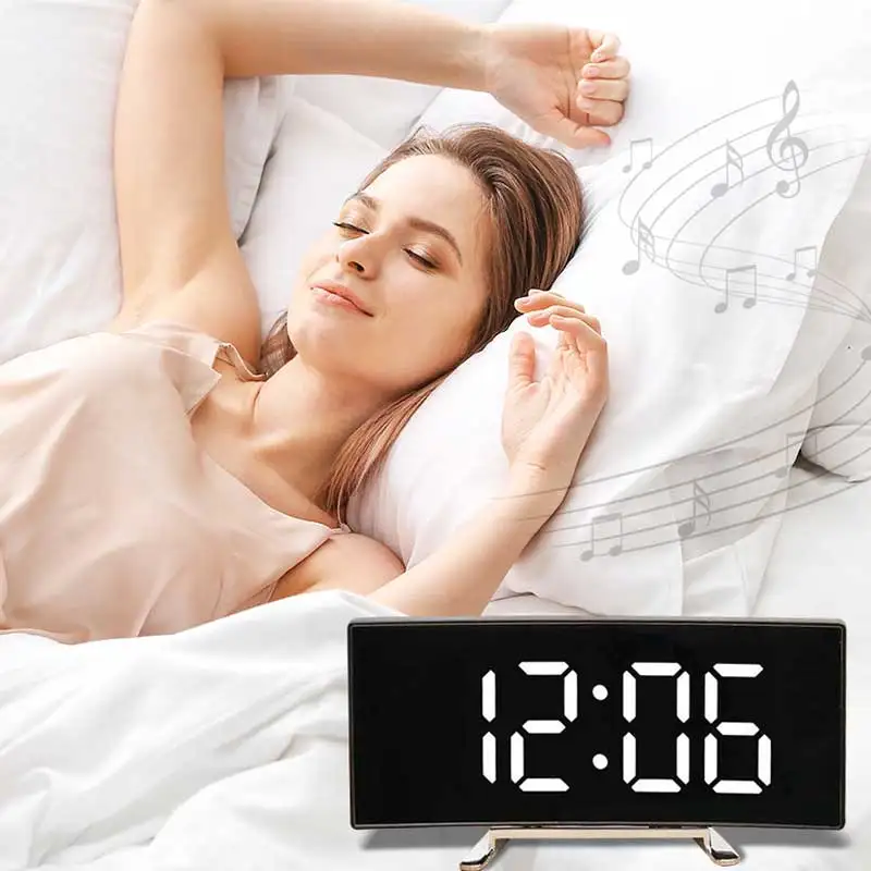 Alarm Clock Creative Curved Electronic Clock LED Large Screen Mirror Alarm Clock Students Silent Multifunctional Desktop Ornament