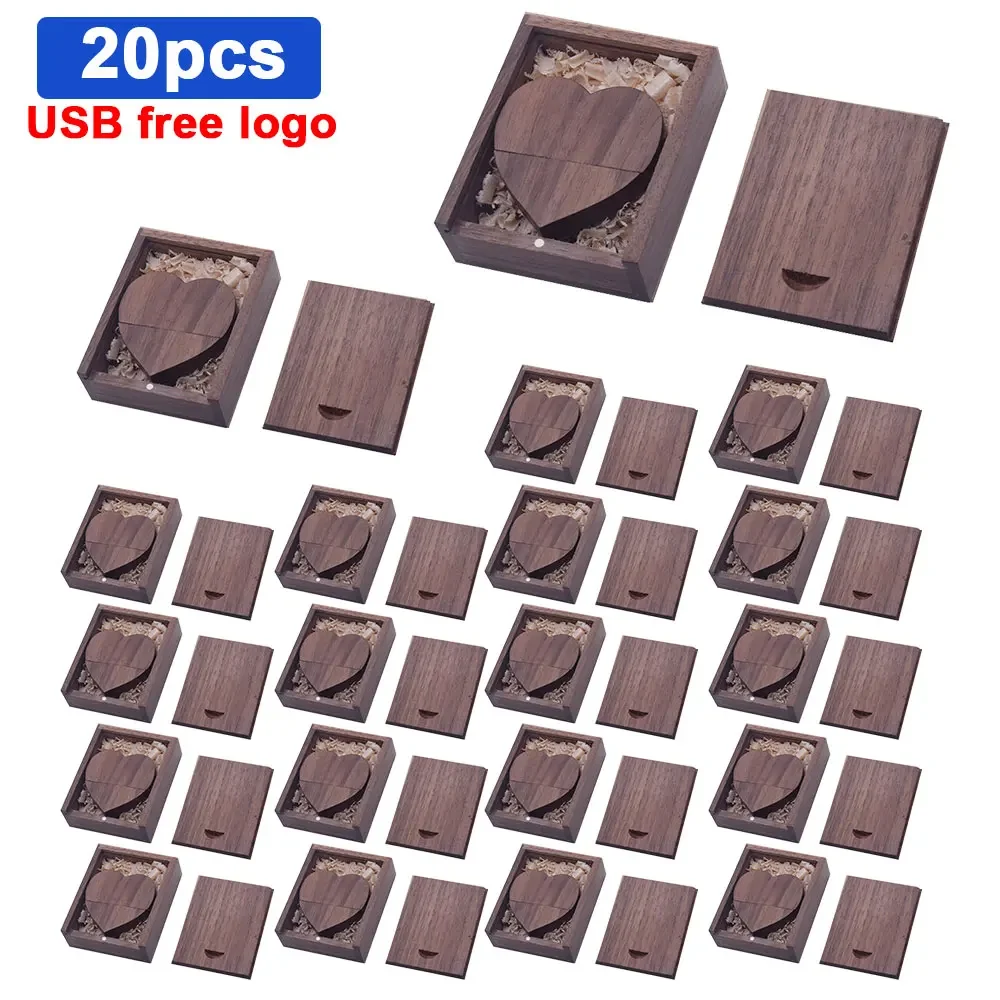 나무 USB 및 박스 플래시 드라이브 펜드라이브, 사진 결혼 선물용 메모리 스틱, 4GB, 8GB, 16GB, 32GB, 64GB, 로트당 20 개 (무료 로고)