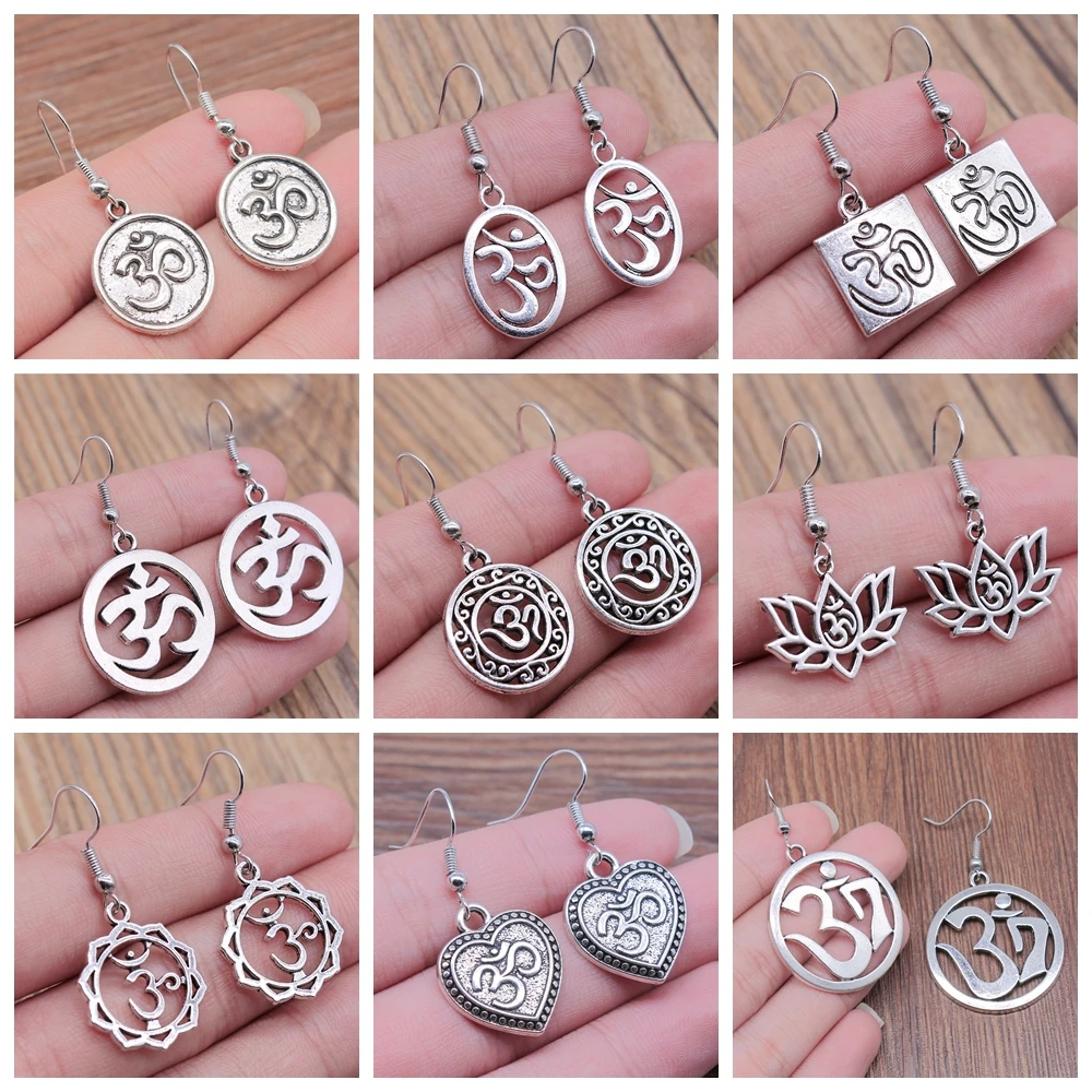 11 Styles Antique Silver Color Color Om Sign Yoga Girl Practitioners Charm Drop Earring Dangle Earrings For Womens