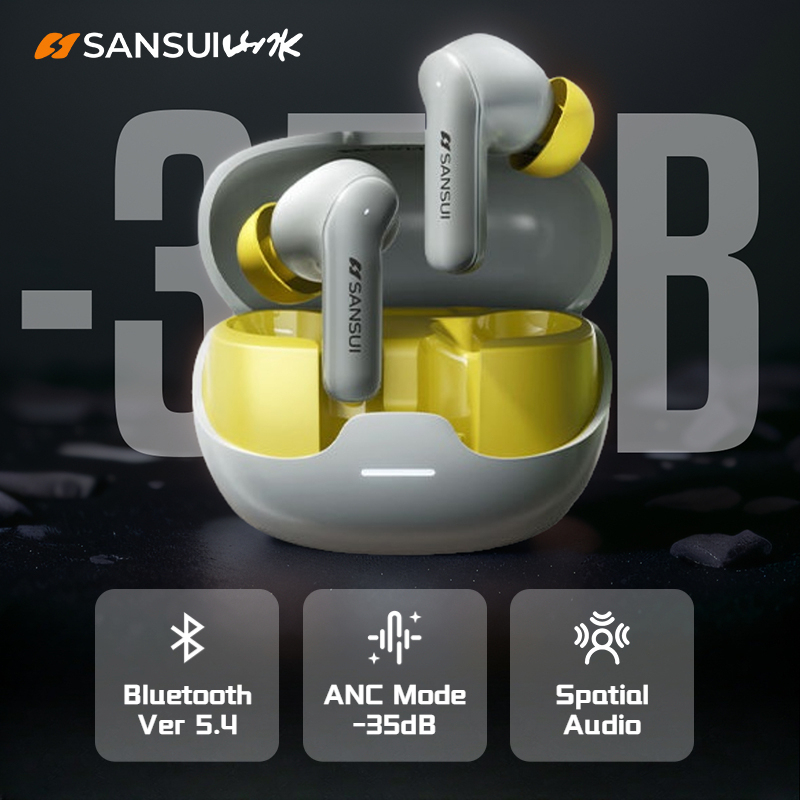 Sansui W23 ANC Bluetooth 5.4 Earbuds -35dB Noise Cancelling 360° Spatial Sound 27H Playtime Earphones with 4-Mic ENC HD Calls