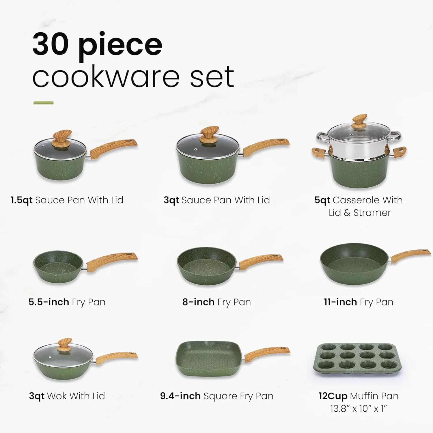 Kitchen Academy Pots and Pans Set Nonstick, 30 Pieces Induction Kitchen Cookware Set, Green Granite Coating Cooking Pans Set