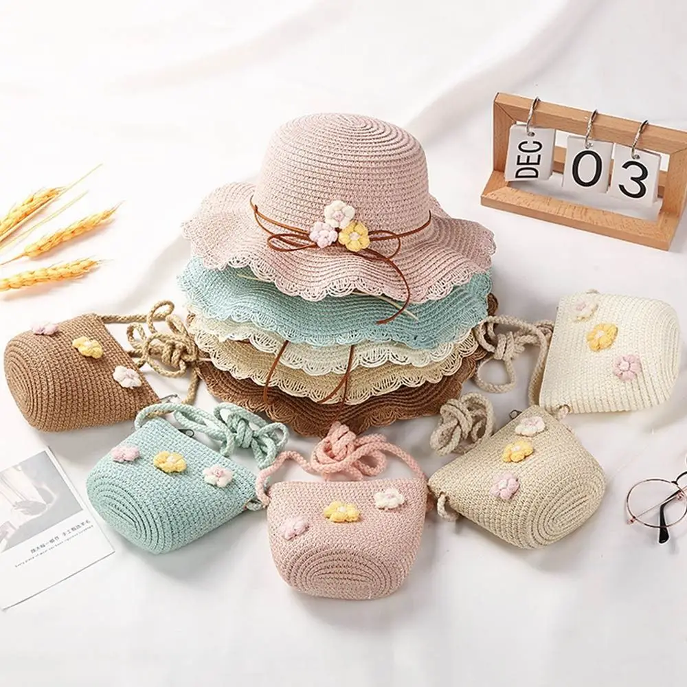 

Boys Girls For Baby Child Wide Brim Cute Cartoon Straw Bag Messenger Bag Kids Straw Hat Sun Hat