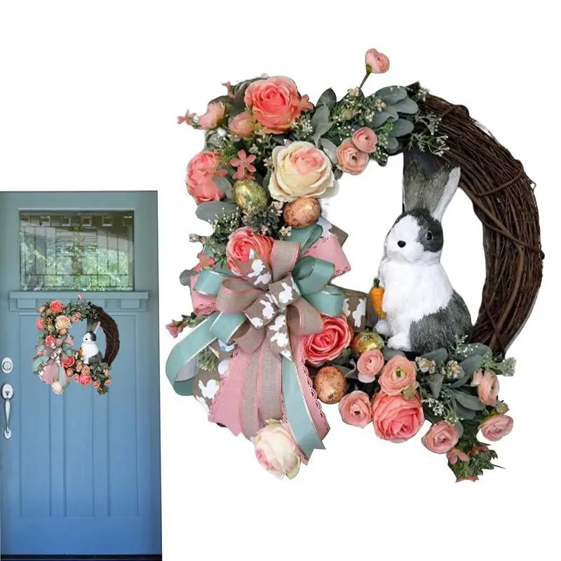 

Easter Wreath 15.75in Front Door Hanging Bunny Wreath With Ribbon Bow Easter Eggs Easter Party Decor Handmade Spring Garland