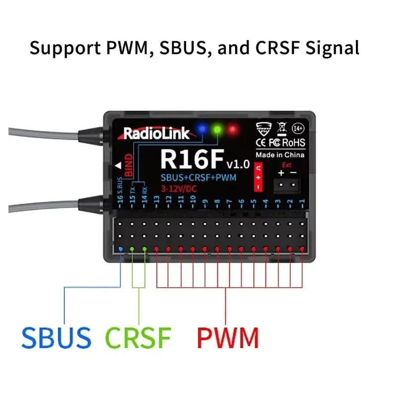 Récepteur R16F 16 canaux SBUS+PWM 4km pour drone RC avec connecteurs et câbles