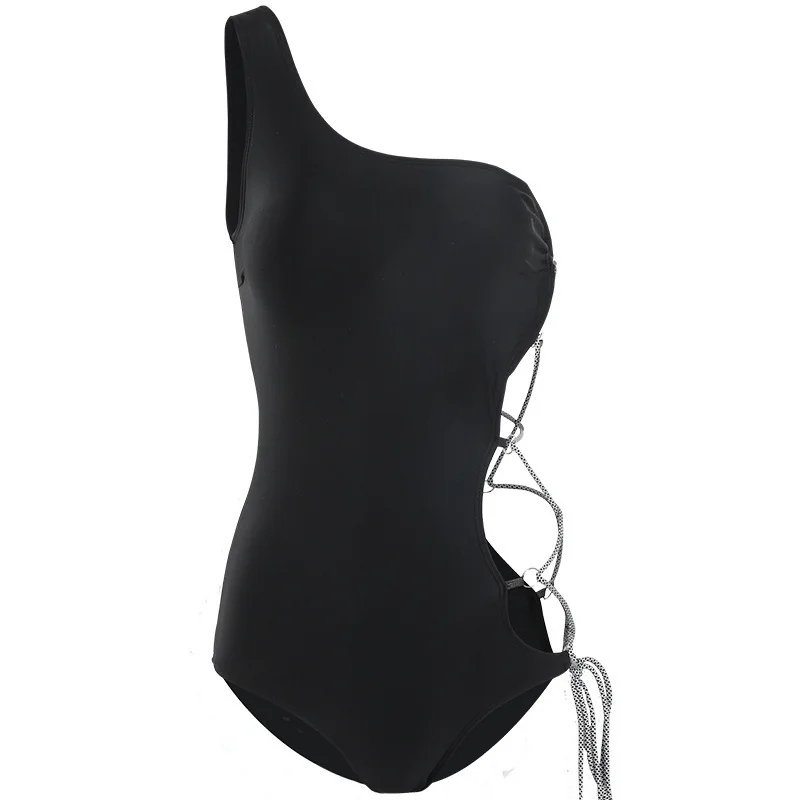 New Bandage Cover Belly Slim Buckle Cutout Swimwear High-cut One-piece Swimsuit Korea Solid Black One-shoulder Strap Sexy Bikini