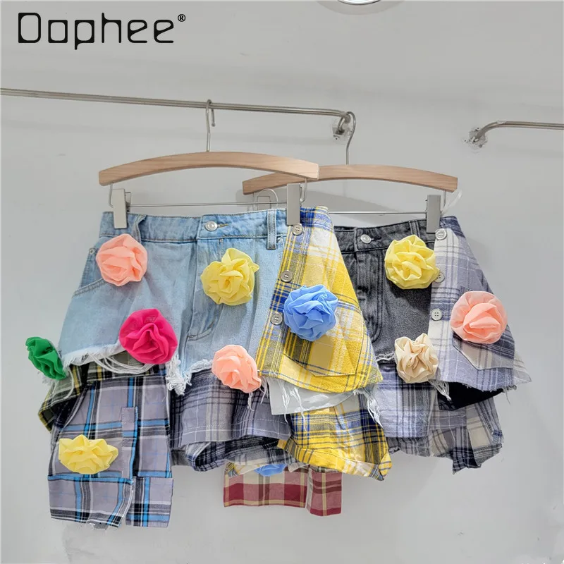 Fashion 3d Flower Blue Yellow Checks Stiching High Waist A-Line Denim Skirt 2024 Summer Street Style Irregular Skirt for Women jeans women s vintage blue pants summer high street shoot high waist perforated wide leg pants