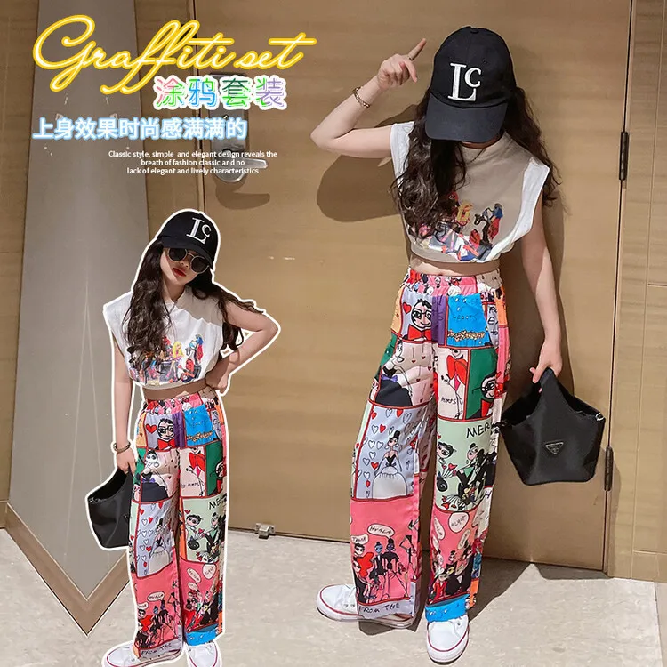 

Summer Girls Clothes Suits Children's Graffiti Short-Sleeved Trousers 2Pcs Sets Teen Loungewear Kids Clothing Outfits