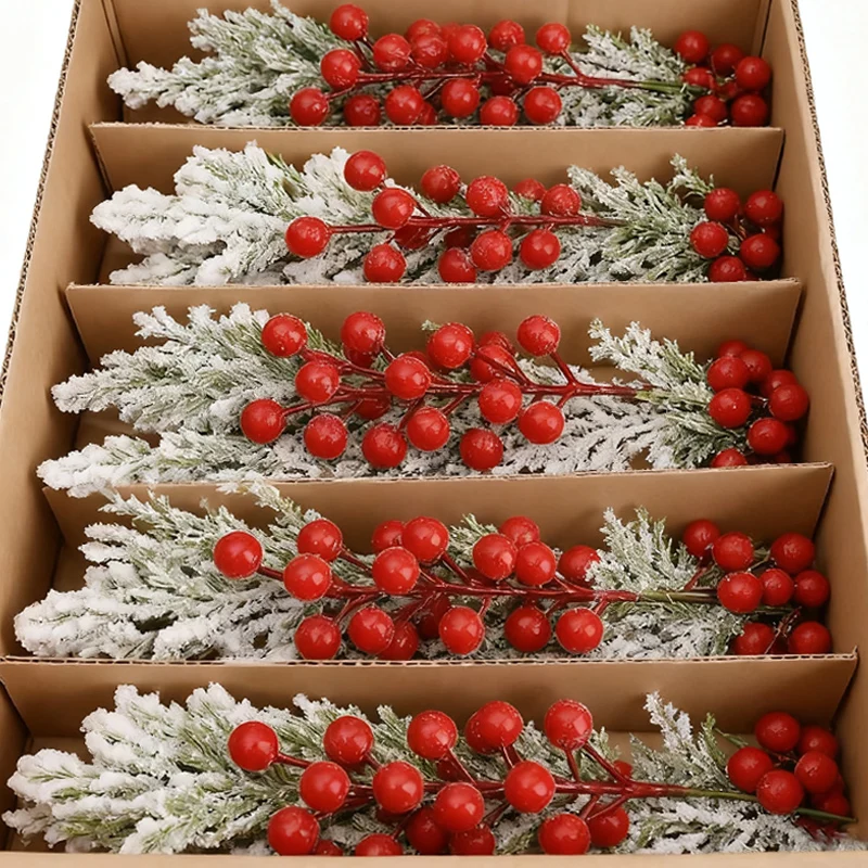 20/1Sets Snowflake Pine Red Holly Berry Branch DIY Xmas Wreath Flower Arrangement Combination Party Home Tabletop Decoration_voghion.com