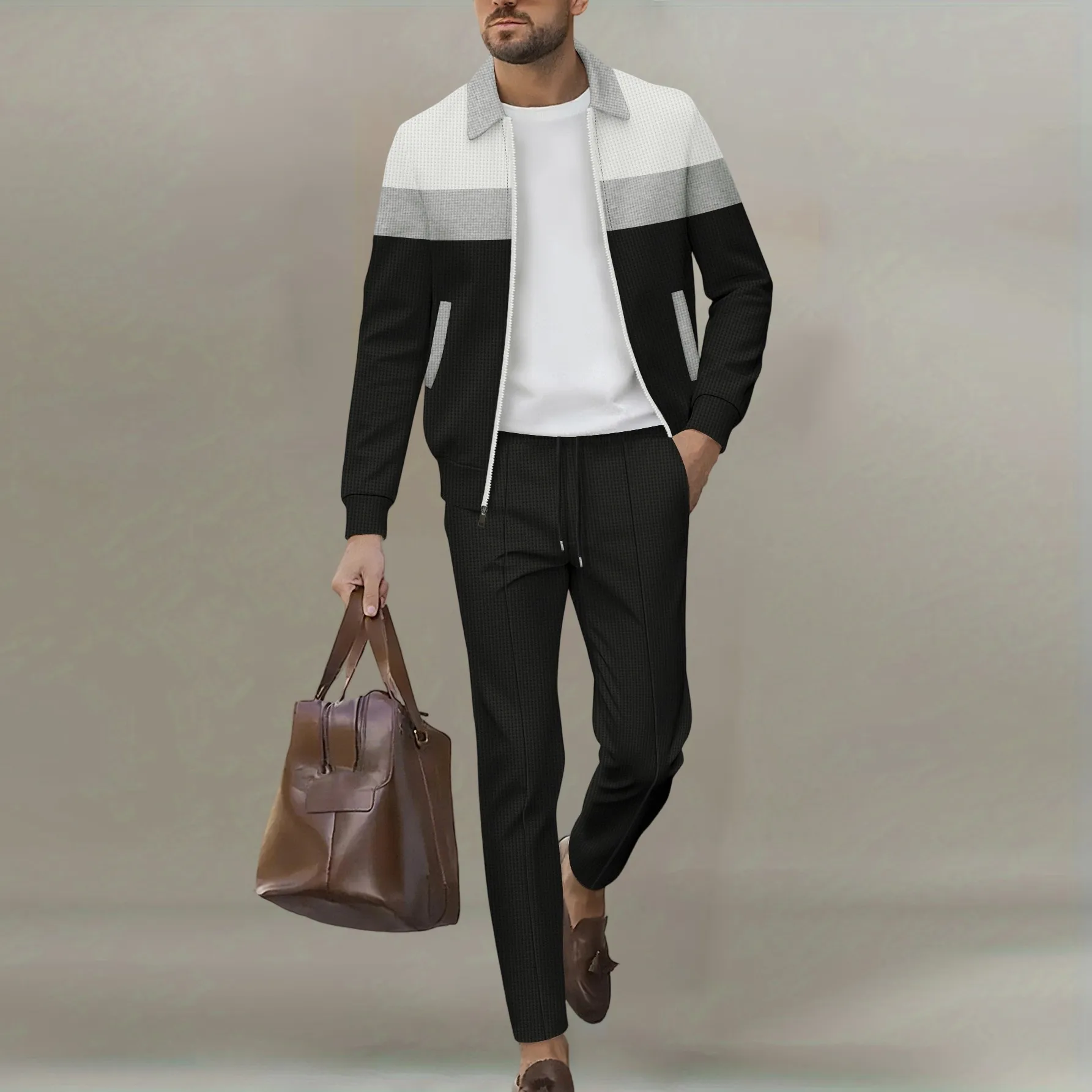 Mens Color Block Collared Jacket Multi Color Striped Zipper Top