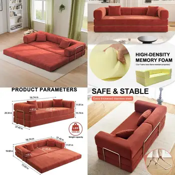 3-Seater Modern Corduroy Foam Futon Sofa Bed, King Size Fold Out Sleeper Lounge Couch with Loveseat for Comfortable Relaxation