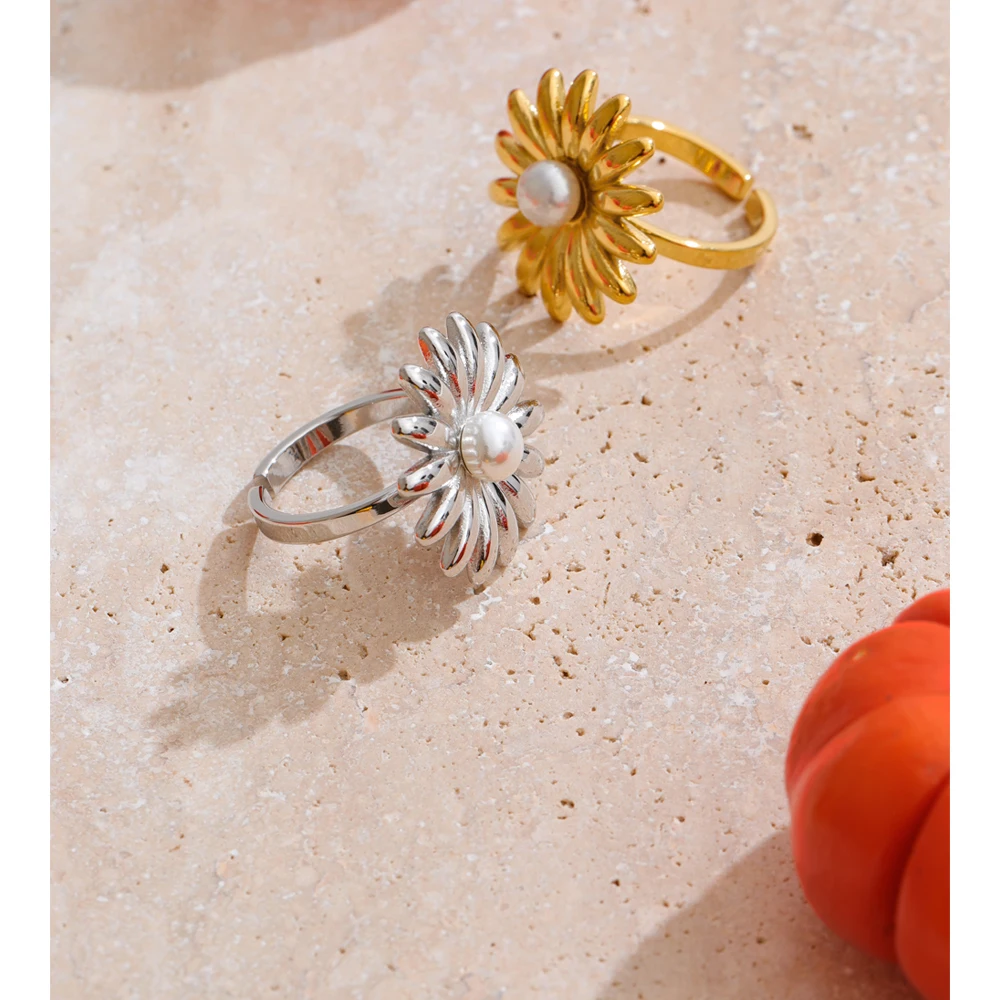 Yhpup Imitation Pearl Sunflower Adjustable Ring Stainless Steel