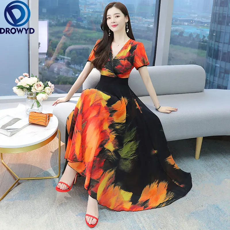 

Женское облегающее платье-макси в стиле бохо, длинное шифоновое пляжное платье для выпускного вечера с винтажным повседневным принтом, лето 2023