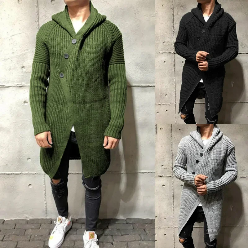 

Winter Clothes Mens Fashion Knitted Fall Sweater Cardigans Men Solid Color Hooded Long Knitwears Jacket Cardigan