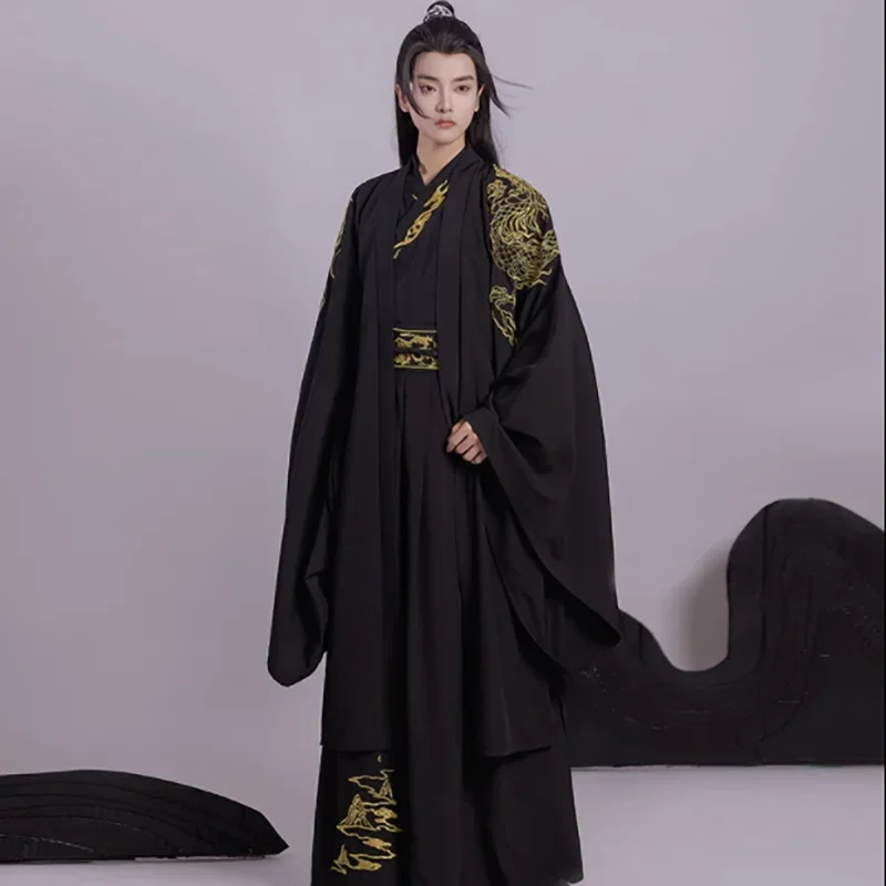 

Традиционный китайский костюм для косплея Hanfu для мужчин, старинная модель, мужской костюм на Хэллоуин, черный костюм ханьфу, 3 шт. в комплекте, приблизительно 2XL
