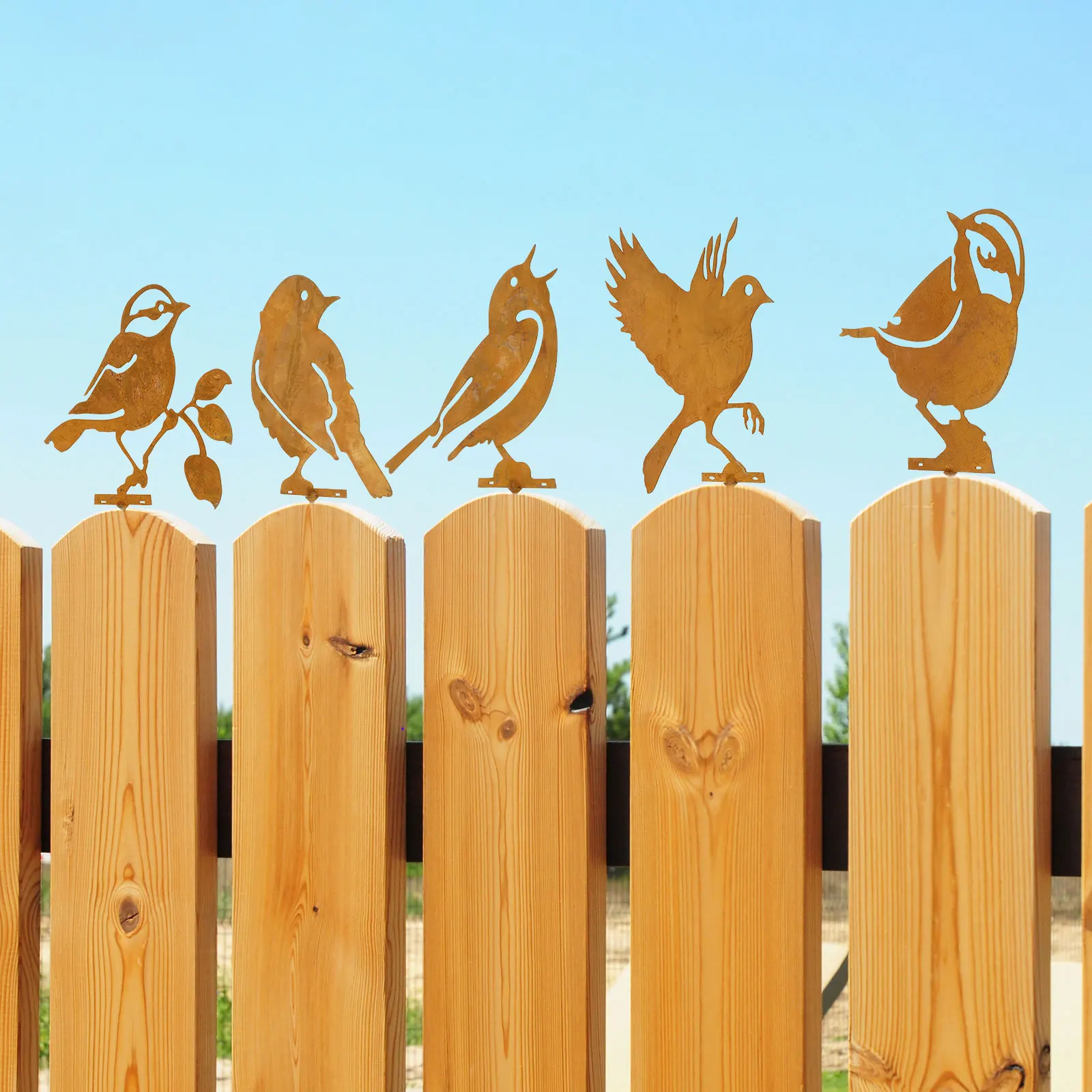 Garden Decoration 5Pcs Rusty Metal Bird Garden Fence Decor Statues Bird Iron Art Crafts Courtyard Garden Lawn Stake Silhouette Decorations Animal Stakes Animal Ornaments