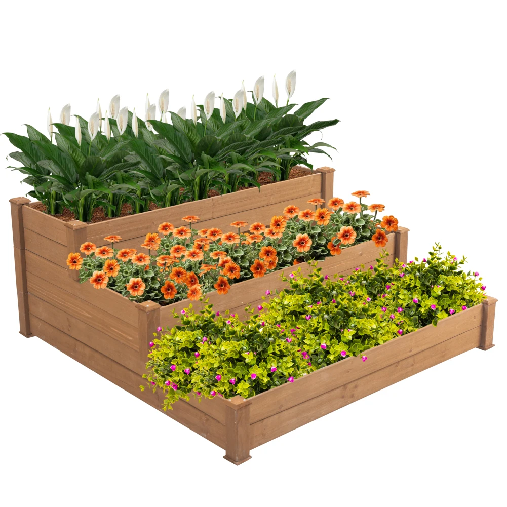 

3-Tier Raised Garden Bed With 3 Growth Areas Solid Wood Garden Box Outdoor Elevated Flower Vegetables Herb Growing Planter Shelf