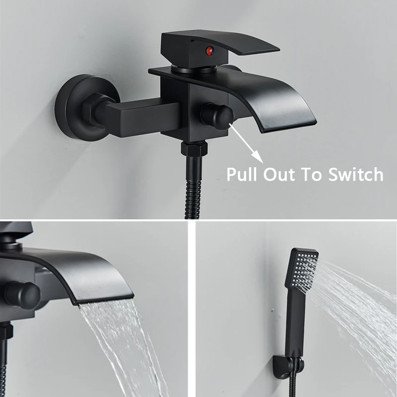 Black Bathroom Faucet Waterfall Concealed Bathtub Faucets Wall Mounted Shower System Tub Tap With Plastic Hand 3