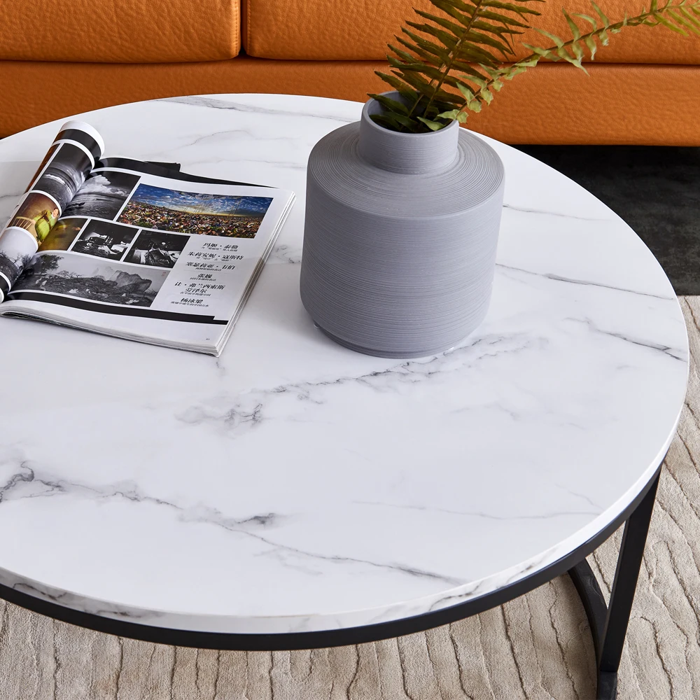 Rosahqnda Marble Look Coffee Table,Round Gold/Black Frame,Set of 2,Modern Living Room Stackable Table,Side Table for Living Room