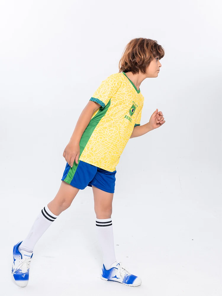 Suruida Kids' Brazil Football Jersey Boys and Girls Sport Sets Quick Dry Children Soccer Jersey Kits