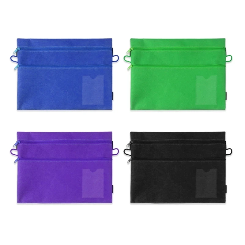 Multi-functional Zipper Pen Double Layer Stationery Bag with Elastic Bands Clear Label Window for File Folder