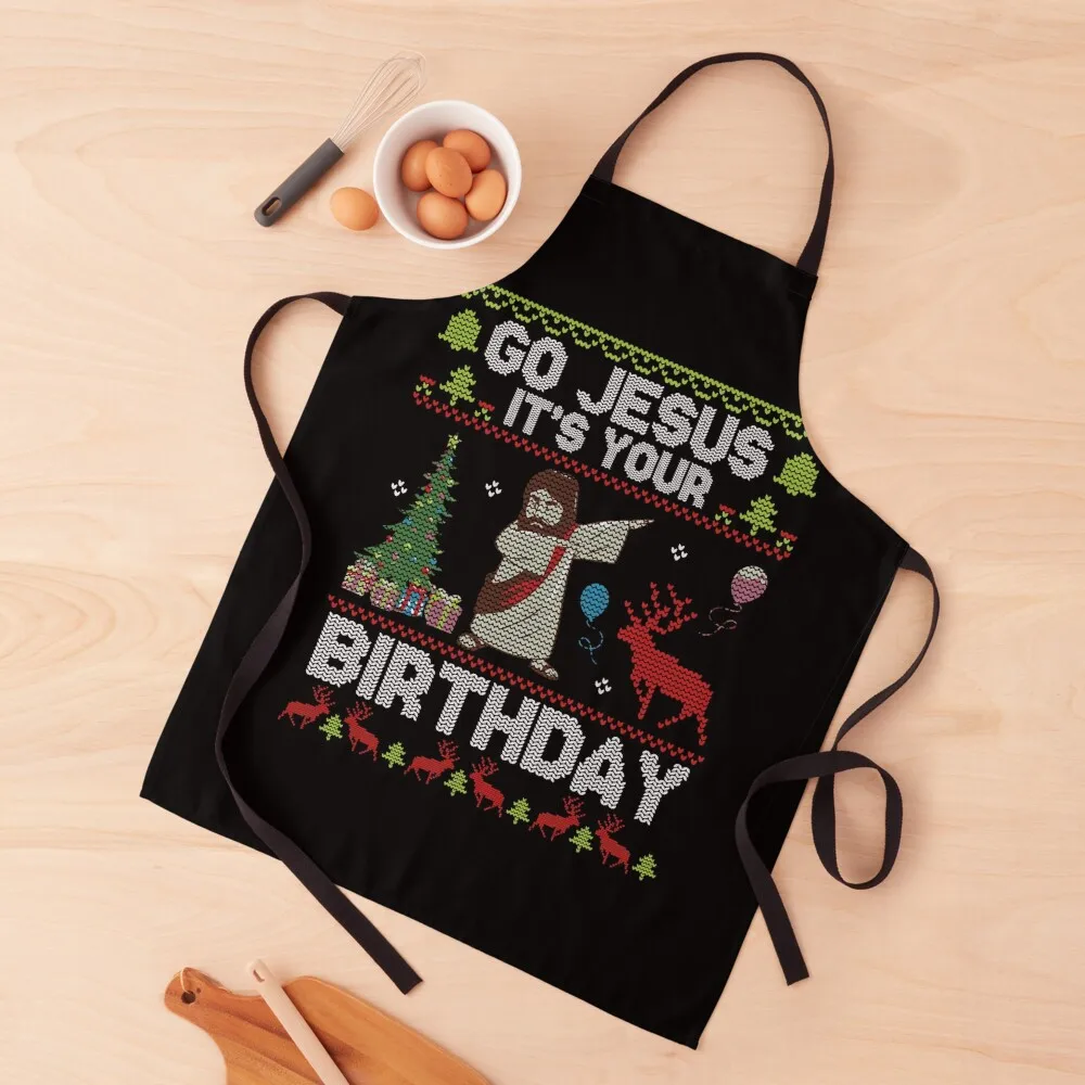 Dabbing With Tree Reindeer Snow Go Jesus It'S Your Birthday Apron Kitchen Things For Home Household Items Apron
