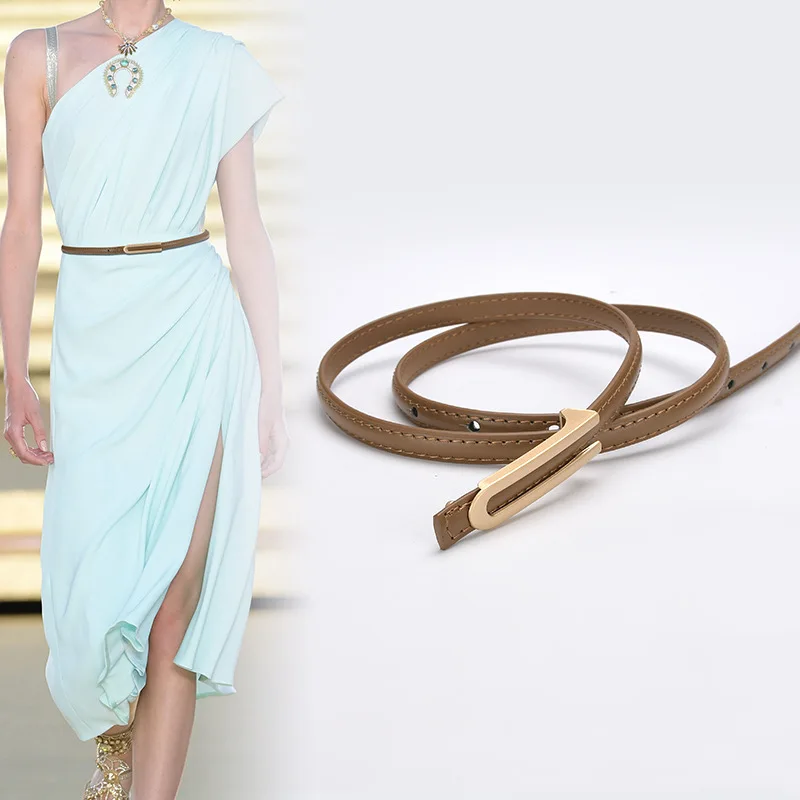 

Fine Belt Women's Genuine Leather Fashion Small Belt Dress Shirt Decoration Waist Chain Designer High Quality Belt Caramel Color