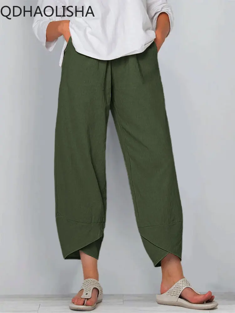 헐렁한 바지 여성 한국어 패션 탄성 허리 코튼 느슨한 캐주얼 발목 바지 streetwear 높은 허리 여름 여성 바지