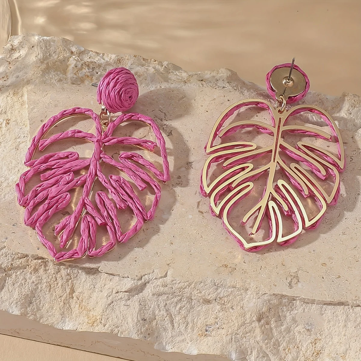 Boho Fashion Handmade Hollow Leaf Pendant Earrings for Women Ladies Elegant Geometric Rattan Raffia Earring Summer Party Jewelry