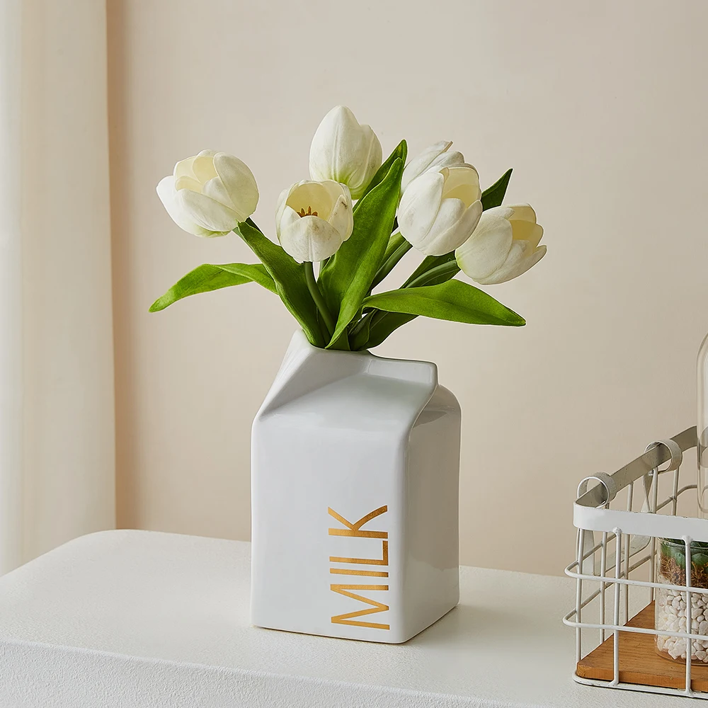 

Home Decor Practical Milk Carton Vase for Dried Flower Nordic Style Living Room Table Ornament Ceramic Flower Arrangement Crafts