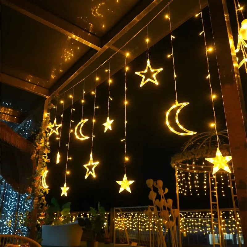 

Eid Moon Star Solar Curtain Lamp Fairy Lights Christmas Holiday Decorations for Home Wedding Room Window Garden Outdoor Decor
