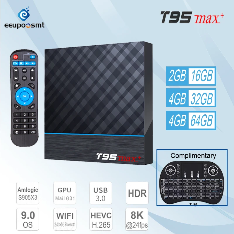 

Приставка Смарт-ТВ T95 MAX Plus S905X3, 64 бит, Android 9,0, 4 + 64 ГБ