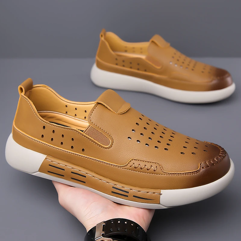 

Spring Summer New Breathable Hollow Leather Men Loafer Shoes Fashion Slip on Male Shoes Casual Shoes Man Party Wedding Footwear