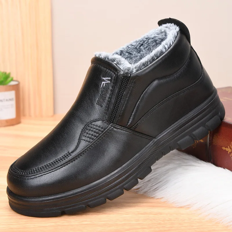 New Leather Boots Waterproof Anti Slip Snow Boots Men's Cotton Shoes Warmth Thickened Cotton Short Boots