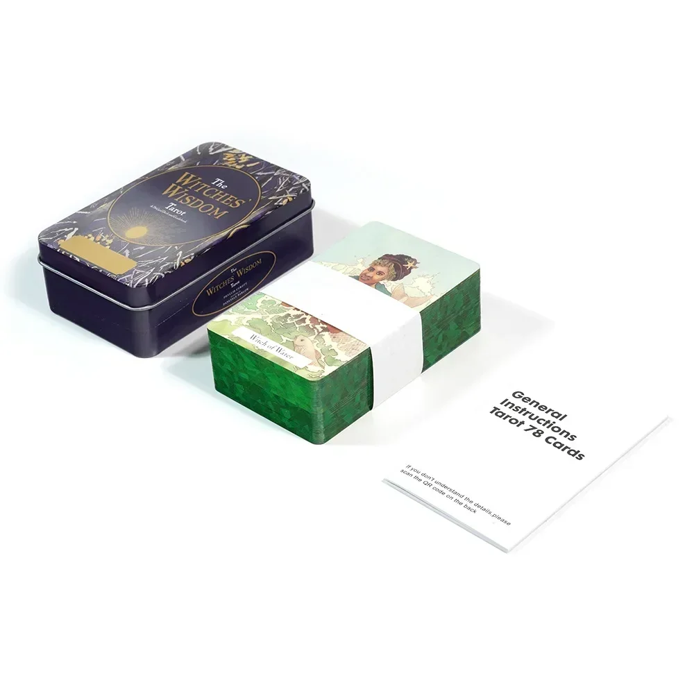 10.3*6cm The Witches&rsquo; Wisdom Tarot Deck In A Tin Box with Green Gilded Edges 78 Pcs Tarot Cards with Guidebook for Beginners