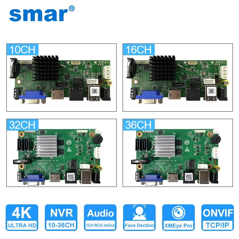 Smar 4K NVR Board 9/10/16/32/36CH H.265+ Network Video Recorder For 1080P 5MP 8MP IP Camera Support Face Detection Cloud XMeye