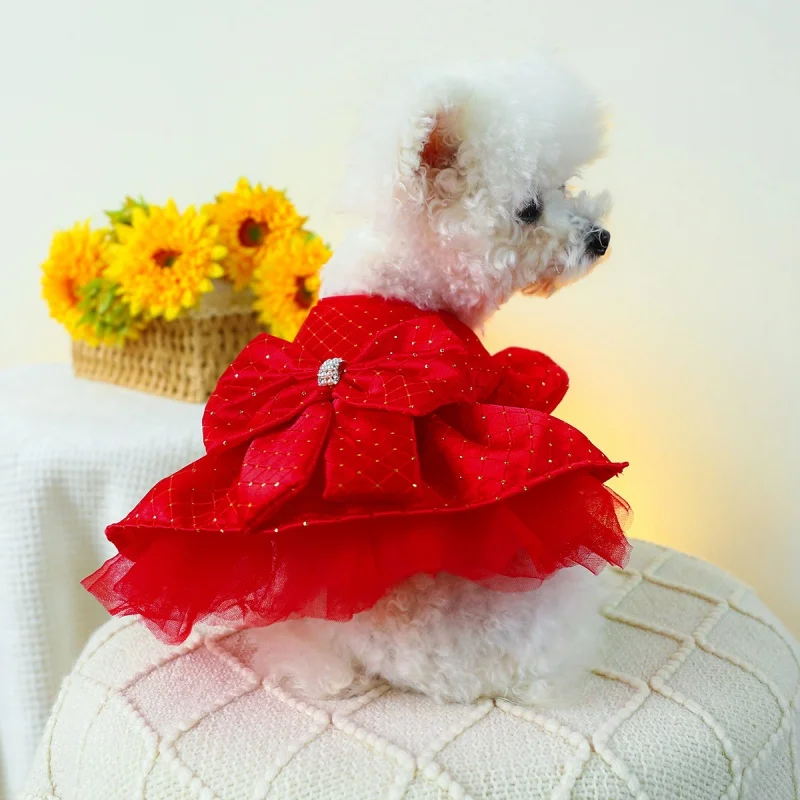 

Small Dog Clothes Spring And Summer Fly Sleeve Princess Gauze Skirt Fluffy Skirt All Over The Sky Star Wedding Dress Pet Clothes